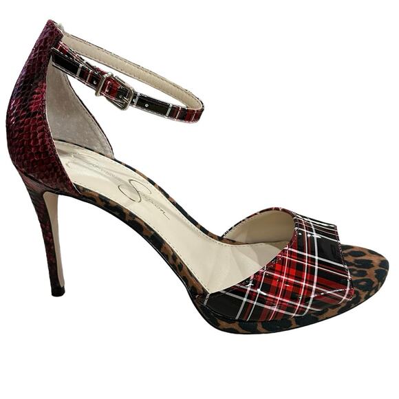 Jessica Simpson daisile faux leather heels plaid leopard snakeskin size 9M /40 - Picture 5 of 8